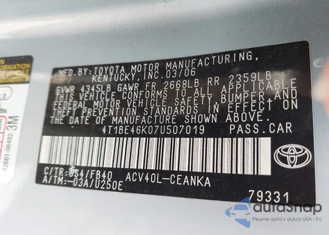 2007 Toyota Camry Le z USA, uszkodzony, nr VIN 4T1BE46K07U507019